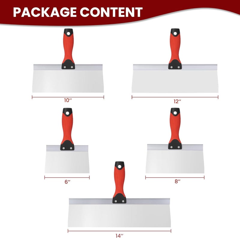 SUMED Drywall Taping Knife 5 PCS Stainless Steel Taping Knives, 6"/8"/10"/12"/14" Premium Drywall Skimming Blades with Nonslip Rubberized Grip Handle,Perfect Drywall Tool,Finishing and Patching - Image 2